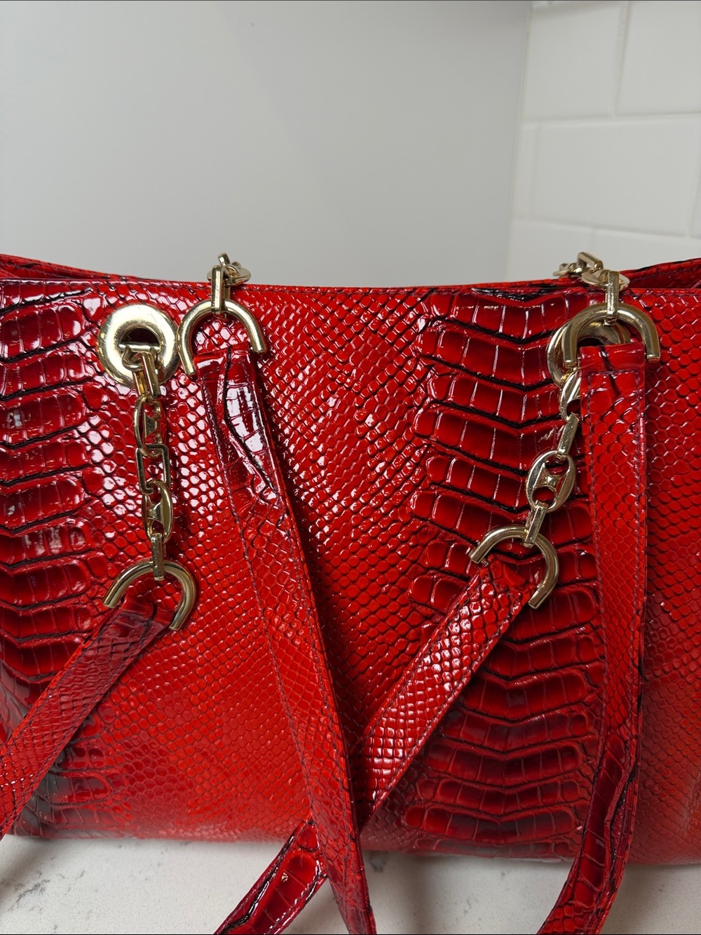 Red Snake-Embossed Shoulder Tote with Gold Hardware - Picture 6 of 14